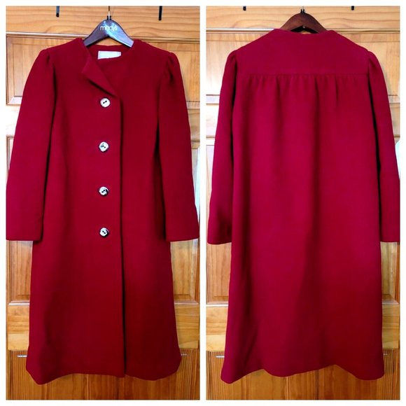 Vintage Pauline Trigere Couture Deep Cherry Red 100% Wool Coat Jacket US 8